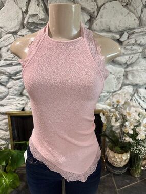 Light Pink Lace-Trim Halter Tank Top - Women